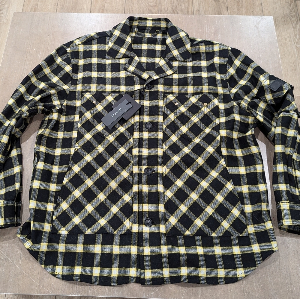 Mens VERSACE Tartan Plaid Flannel Shirt Jacket Black/Gold